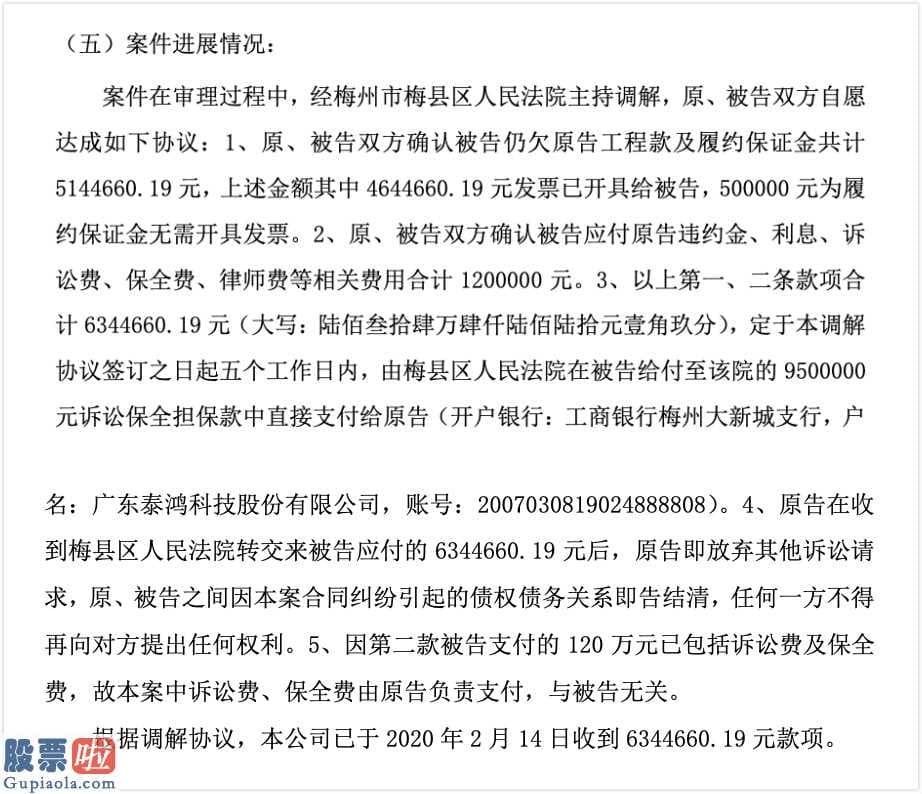 今日股市资讯直播_泰鸿科技收到拖欠工程款等634万2019年上半年盈利37万