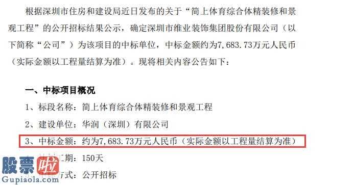 今天股市新闻_维业股份(300621)简上体育文化商业综合体精装房和园林景观工程招标结果公