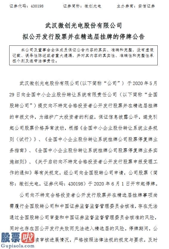 今日股市新闻-微创光电提交精选层申报材料6月1日开市起停牌