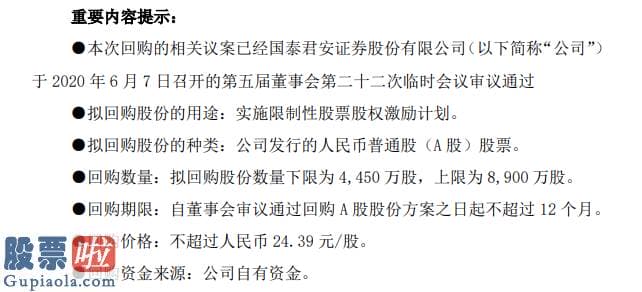 今天股市新闻头条-国泰君安将花不超21.7亿元回购公司股份用于股权激励